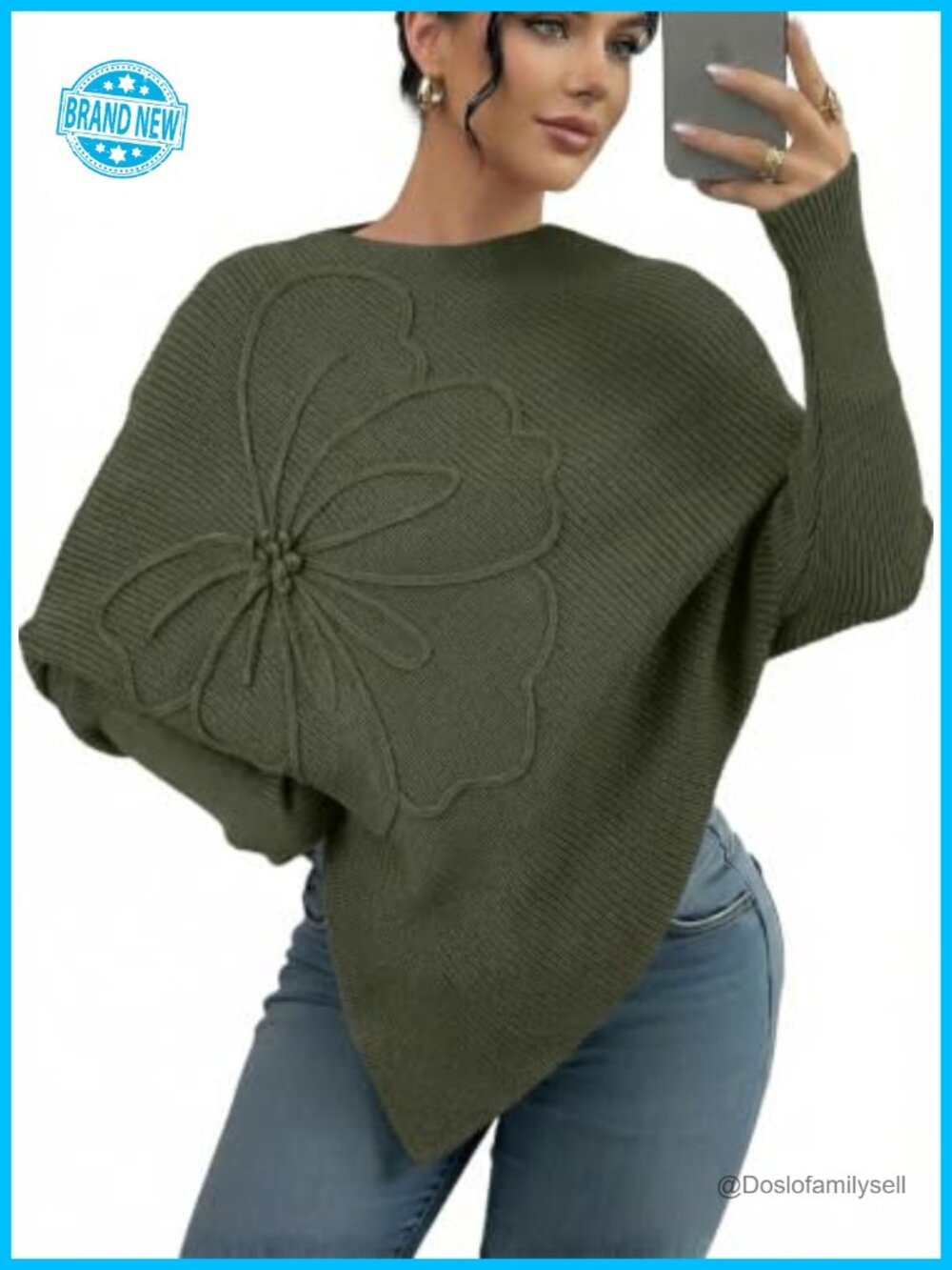 Womens Asymmetrical Poncho Knit Sweater Batwing Sleeve Pullover